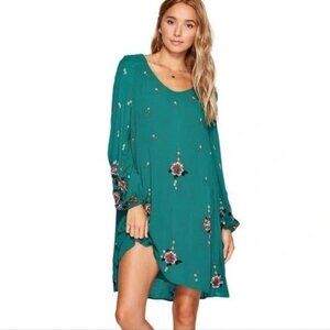 Free People women's small green long sleeve‎ floral embroidered mini swing dress